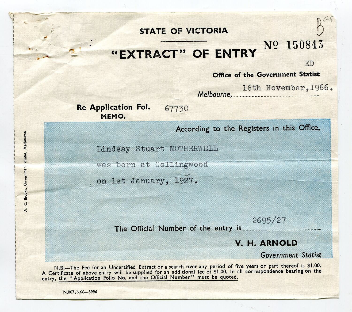 Certificate Extract of Entry, State Government of Victoria, Lindsay