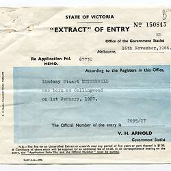 Certificate - Extract of Entry, State Government of Victoria, Lindsay Motherwell, 16 Nov 1966