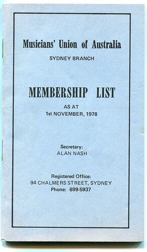 Booklet - Membership List, Musicians' Union of Australia, Sydney, 1 Nov 1978