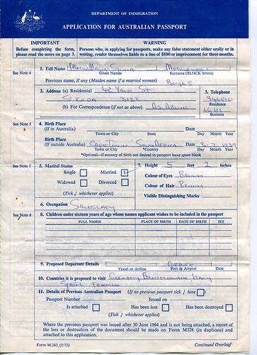 Form - Application for Australian Passport, Sylvia Motherwell, St Kilda, 1975