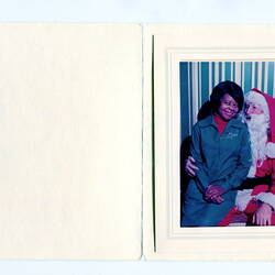 Photograph In Card - Sylvia Motherwell With Santa Claus, Green Jumpsuit, Myer, Melbourne, 1970s