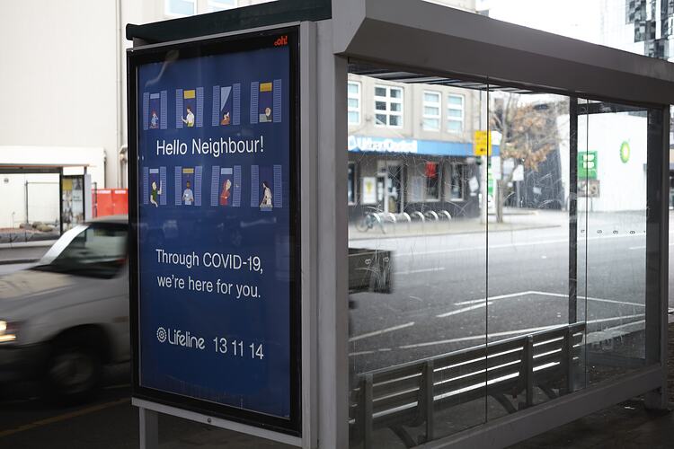 Bus Shelter Sign, 'Hello Neighbour...Covid-19', City Road, South Melbourne, Jun 2020