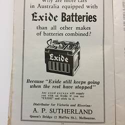 White catalogue page with black printed battery advertisement.
