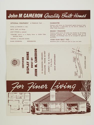 Open brochure on white paper with brown printed text, house floorplan.