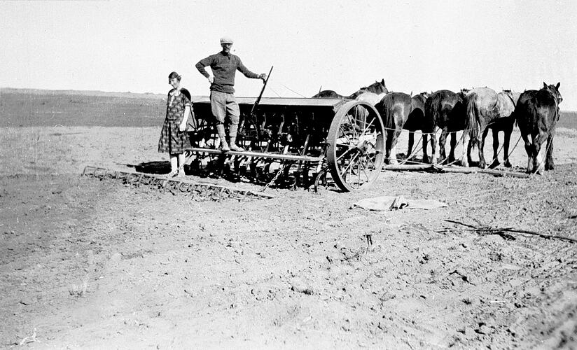 [Mr and Mrs Allen sowing seed on Block 20, Karrawinna, near Mildura, 1929.]