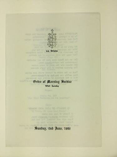 HT 54721, Pamphlet - Church Service Program, SS Oriana, 2 Jun 1968 (MIGRATION), Document, Registered