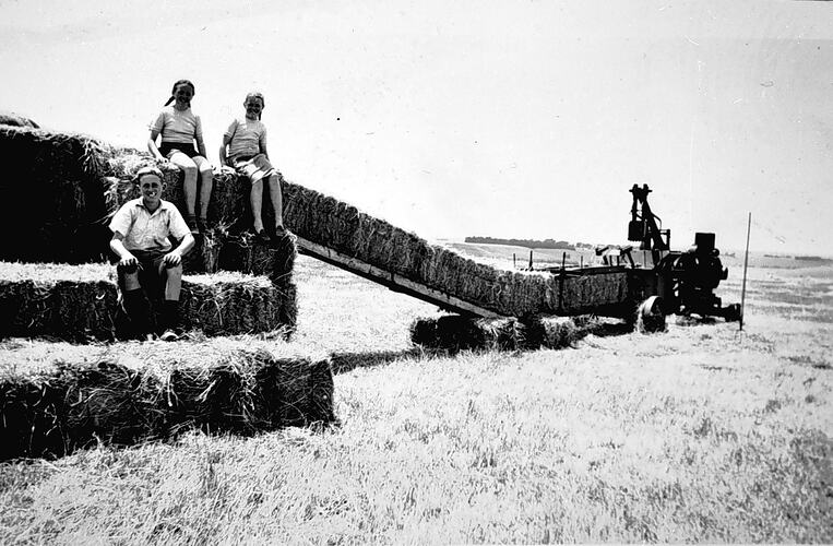 [Baling and stacking hay, Cobden, 1930s.]