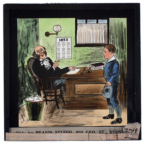 Lantern Slide - Universal Opportunity League, Man and Boy in Office