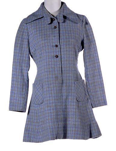 Pale blue check woollen mini dress, large collar.