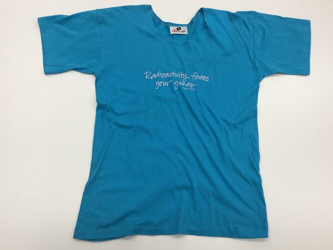 Blue t-shirt with white printed text.