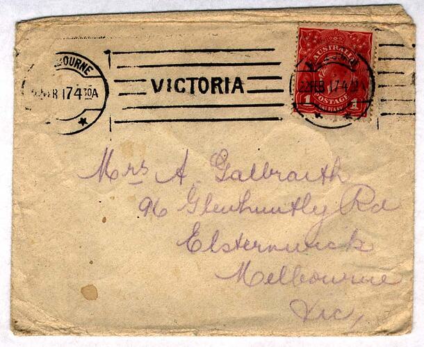 Envelope - Addressed to Mrs A Galbraith, World War I, 21 Dec 1916