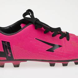 Pink Australian Rules football boot with black bootlace, lining and sole.