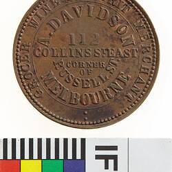 Token - 1 Penny, A. Davidson, Grocer, Wine & Spirit Merchant, Melbourne, Victoria, Australia, 1862