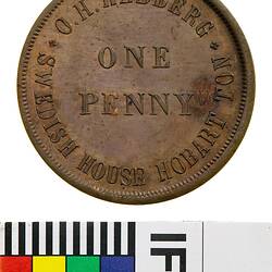 Pattern Token - 1 Penny, O.H. Hedberg, Oil & Colour Stores, Hobart, Tasmania, Australia, circa 1860