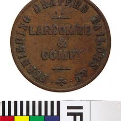 Token - 1 Penny, Larcombe & Co, Furnishing Drapers & Taylors, Brisbane, Queensland, Australia, circa 1860