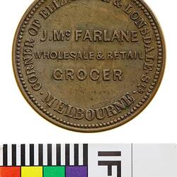 Token - 1 Penny, J. McFarlane, Wholesale & Retail Grocer, Melbourne, Victoria, Australia, circa 1851