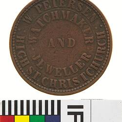 Token - 1 Penny, W. Petersen, Christchurch, Watchmaker & Jeweller, Christchurch, New Zealand, circa 1863