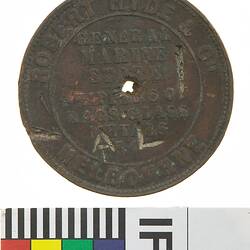 Surcharged Token - 1 Penny, Robert Hyde & Co, Marine Store, Melbourne, Victoria, Australia, 1861, 'A.L.', Australia