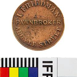 Token - Halfpenny, I. Friedman, Pawnbroker, Hobart, Tasmania, Australia, 1857