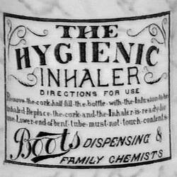 Inhaler - Boots Dispensing & Family Chemists, Hygienic Inhaler, circa 1920s