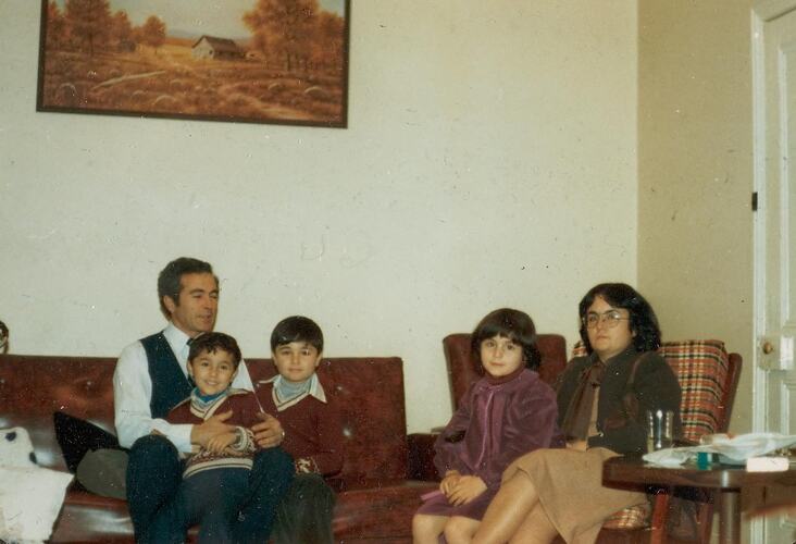 Digital Photograph - Family Dressed for Dance at Cretan Social Club, in Lounge Room, Yarraville, 1980