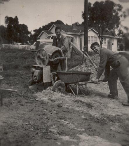 Digital Photograph - Two Men Mixing Cement in Mixer, House Building Site, Greensborough, circa 1958