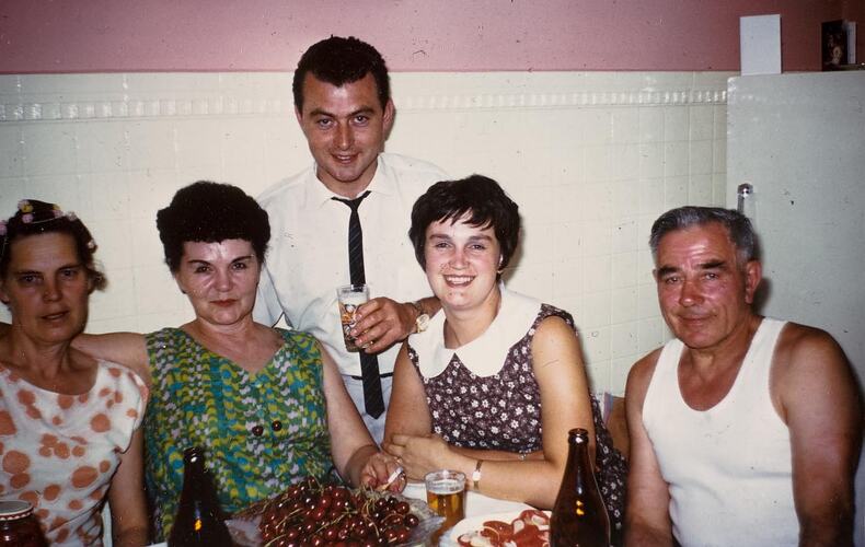 Digital Photograph - Extended Family Visit with Cherries & Beer, Dining Table, Sunshine, 1966