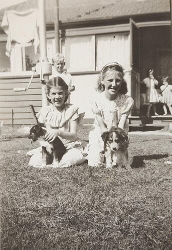 Digital Photograph - Two Girls with Puppies, Backyard, Bentleigh, 1948