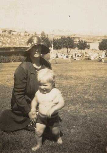 Digital Photograph - Woman in Sun Hat with Baby, Coburg Lake, 1932