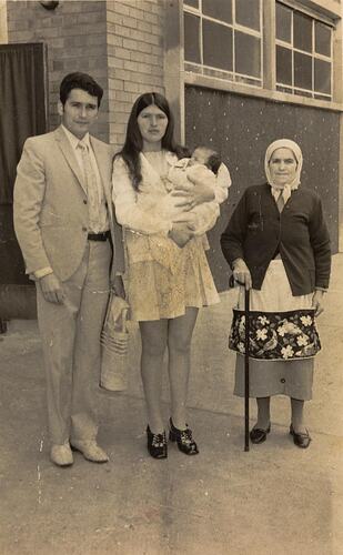 Digital Photograph - Mother, Father, Baby & Grandmother outside Fitzroy Macedonian Orthodox Church, 1972