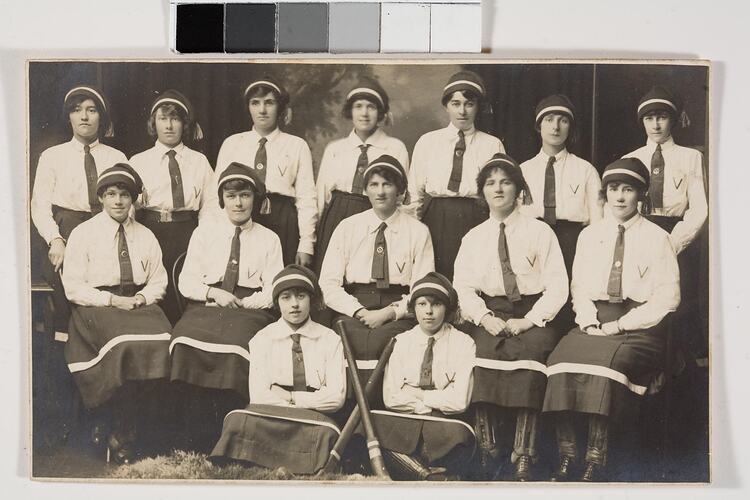 Digital Photograph - Girls Hockey Team, Probably on Tour, Launceston, 1910-1915