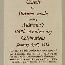 Leaflet - 'Kodak Photographic contest for Pictures Made During Australia's 150th Anniversary Celebrations', 1938