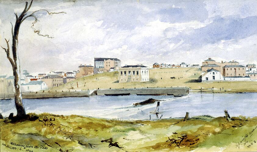 Colour sketch of landscape. Water in foreground, historical buildings in background.