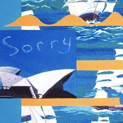 Detail. Blue background with white sailing ships and white Sydney Opera House. Yellow accents. White and red t