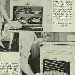 Instruction manual with a woman putting scones in to bake.