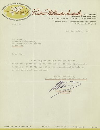 Single page letter with letterhead, typed and signed.
