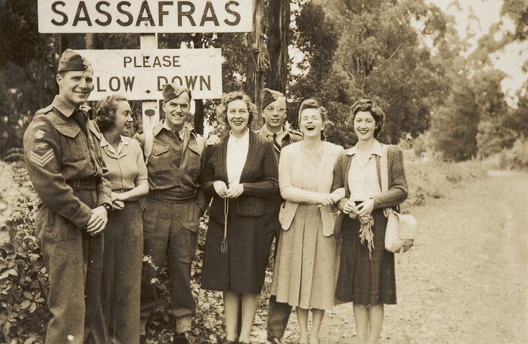 Four Women & Three Canadian Servicemen on Picnic Party, Sassafras, 1944