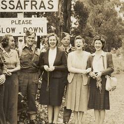 Digital Photograph - Four Women & Three Canadian Servicemen on Picnic Party, Sassafras, World War II, 1944