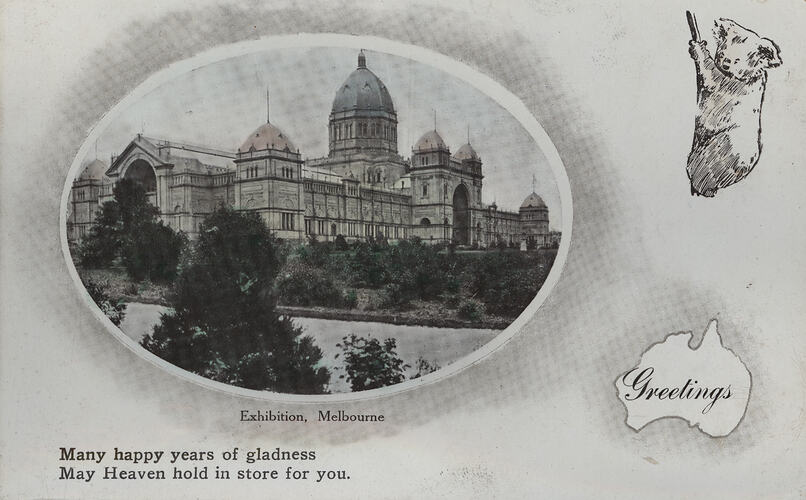 Postcard - South West Facade, Exhibition Building, Marlborough Art Company, Melbourne, 1913