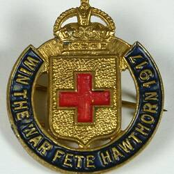 Gold coloured badge with crown on top, red cross on shield in centre and black enamel banner with text below.