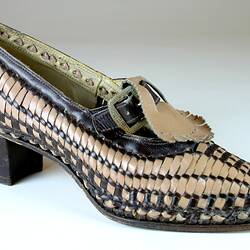 Shoe - Pink & Brown Leather Basketweave, 1930s-1940s