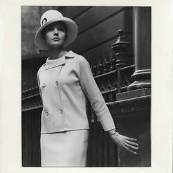 Digital Photograph - Ricardo Knitwear, Female Model Wearing a Woollen Jacket & Skirt with a Hat, Circa 1968