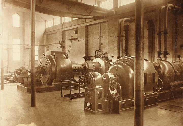 Photograph - Melbourne Electric Supply Co, Engine Room, Richmond, Victoria, 1st December, 1912
