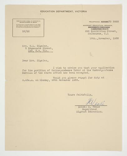 Letter - Education Department to Lili Sigalas, 18 Nov 1955