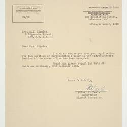 Letter - Education Department to Lili Sigalas, Offer of Employment, 18 Nov 1955