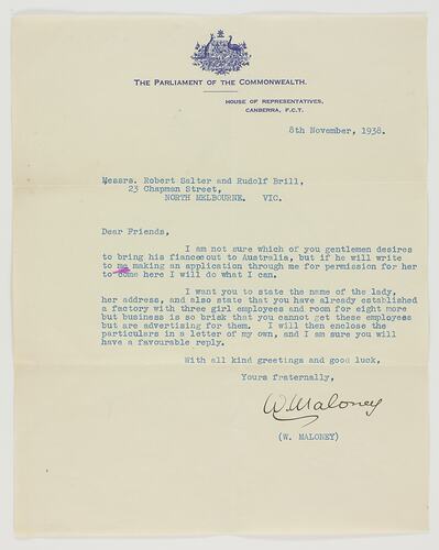 Letter - Parliament of the Commonwealth to Robert Salter and Rudolph Brill, 8th Nov, 1938