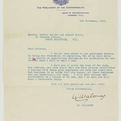 Letter - W. Maloney to Robert Salter & Rudolph Brill, 8 Nov 1938