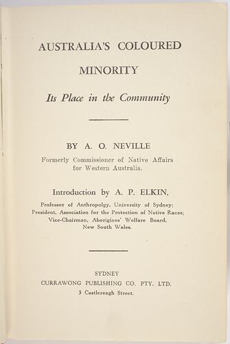 Book - 'A.O. Neville, Australia's Coloured Minority