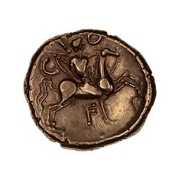 Coin, round, horseman galloping right carrying shield & spear; around text, 'C O F'.