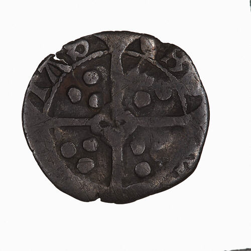 Coin, round, long cross with three beads in each angle and quatrefoil in centre; text around, ... TAS EB ..